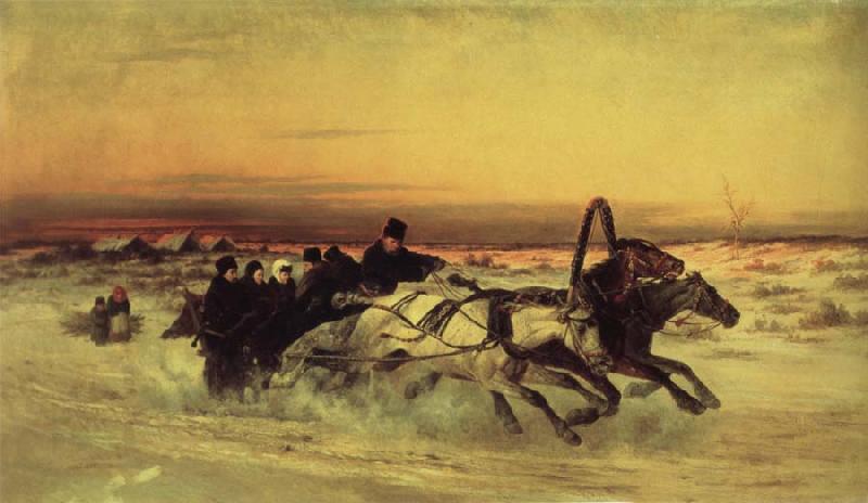 unknow artist Oil undated a Wintertroika in the gallop in sunset oil painting picture